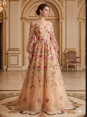 NWT Jovani 6 Nude Multi Floral embroidered Long Puff Sleeve Tulle Gown $510